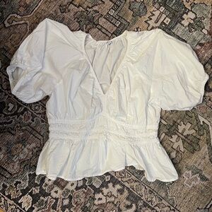 ON White V-Neck Puff Sleeve Peplum Top